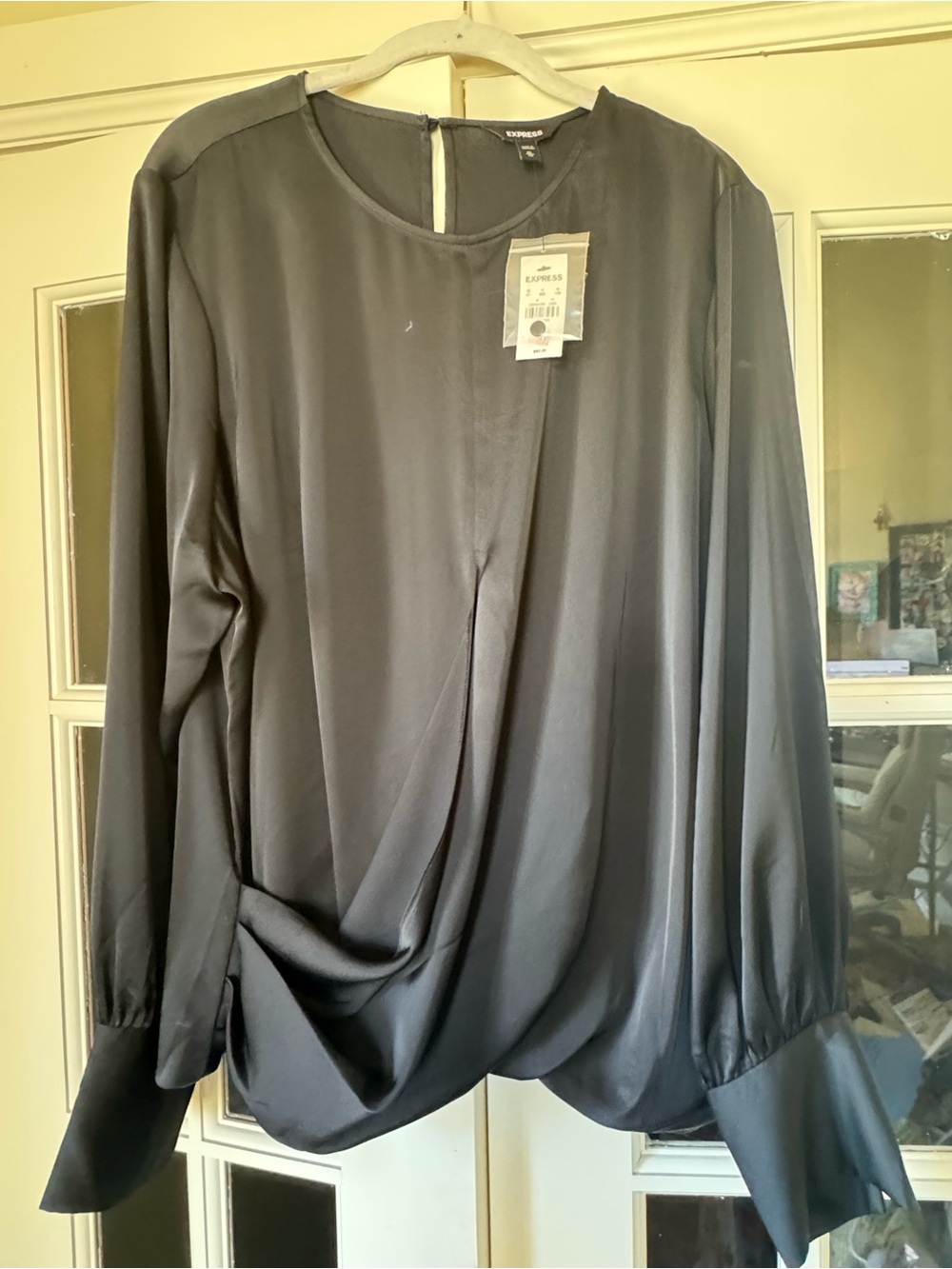 Express Black Draped Satin like-Front Long Sleeve Top